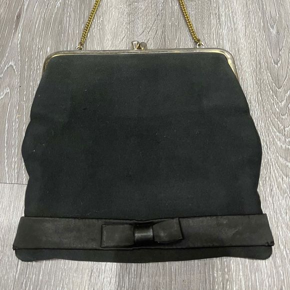 Vintage Black Evening Bag Bow Accent 7”w x 7.5”h x 1” d - Picture 2 of 9
